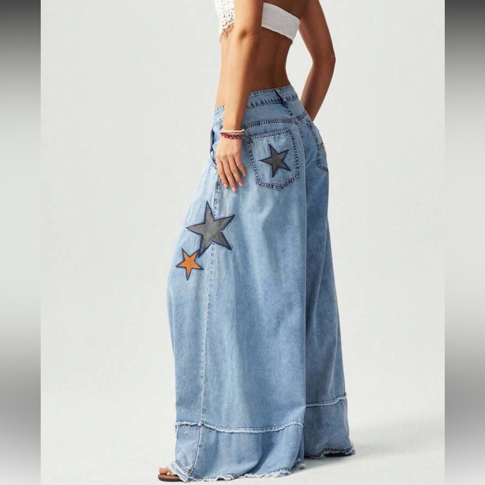 NWOT Bohemela Acid Wash Wide Leg Pants With Star Patch Details Size L - Picture 6 of 15